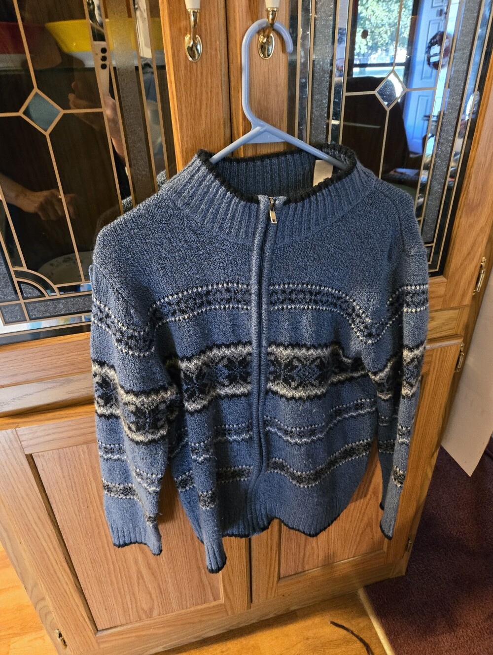 Blue Zip-Up Patterned Sweater